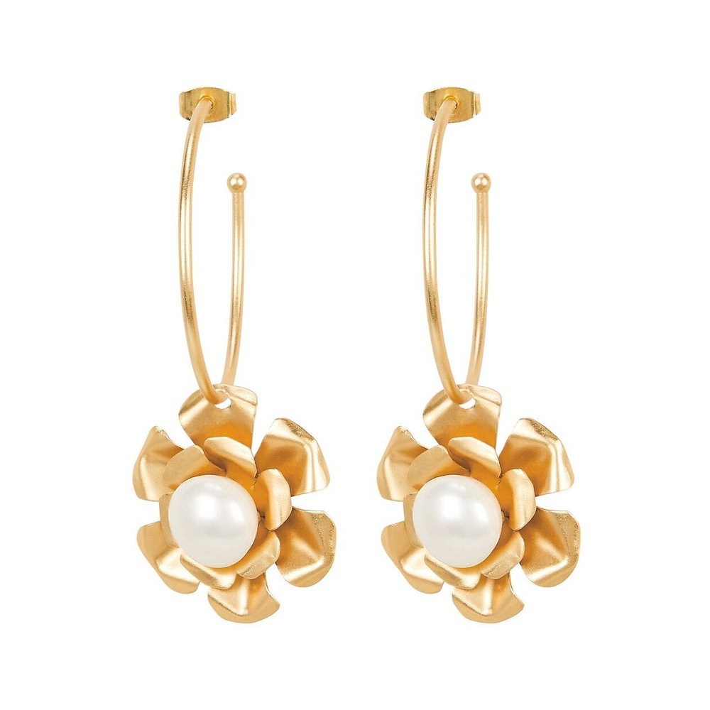 Mercedes Salazar Gold‎ Flower Pearl Hoop Earrings Coco Colombia